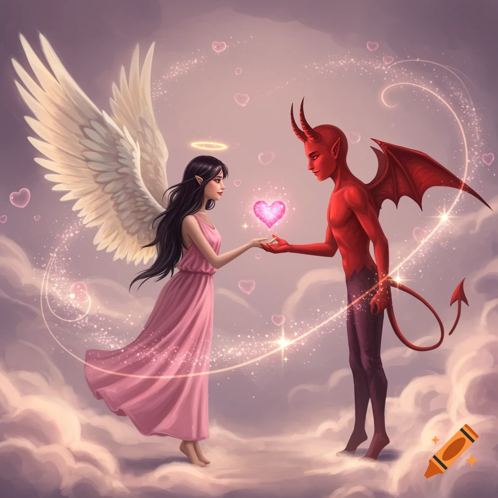 A female angel in a pink dress offers a glowing pink heart to a red devil, standing on clouds surrounded by sparkles and hearts.