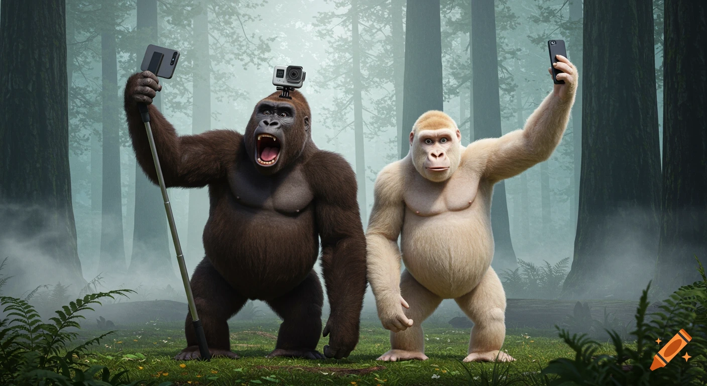 Two hyper-realistic gorillas, one brown with a GoPro and selfie stick, the other albino, pose for selfies in a misty forest.