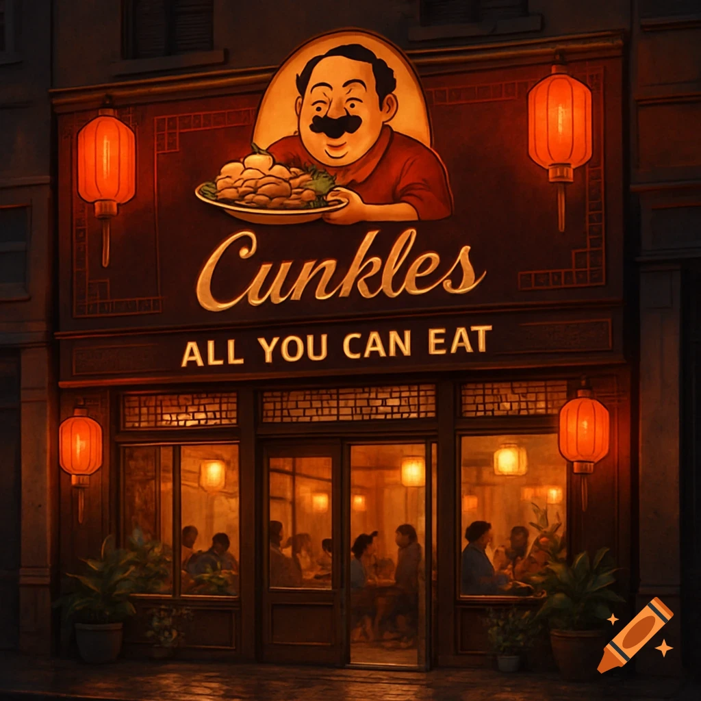 A dimly lit Chinese restaurant facade at night, with a sign for "Cunkles All You Can Eat" featuring a cartoon man. People dine inside.