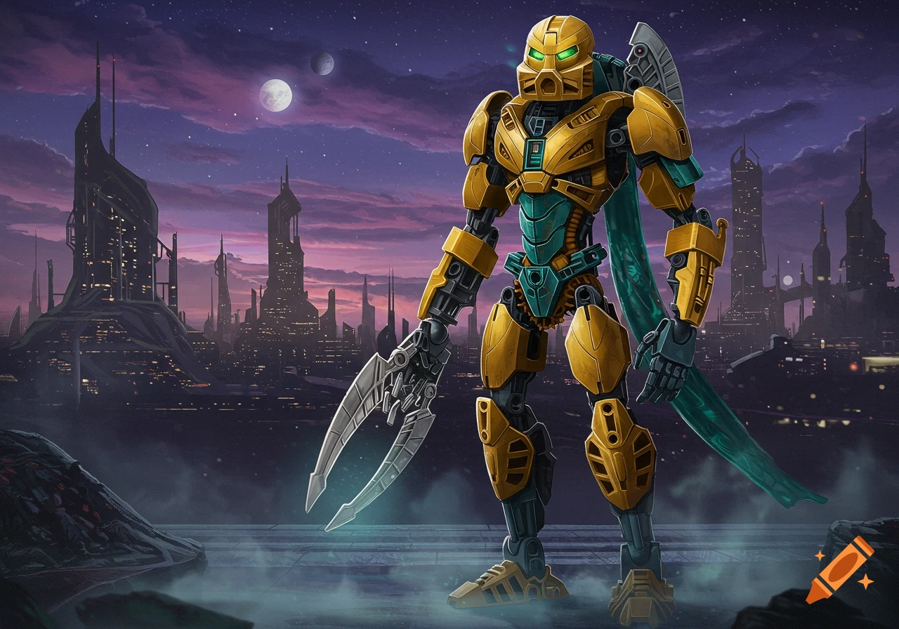 A gold and teal robot with green eyes stands in a futuristic city at dusk under a purple sky with two moons.