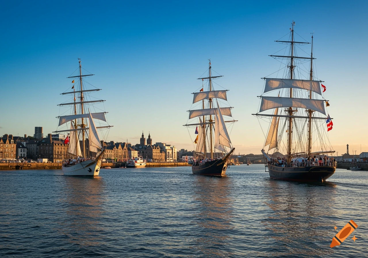 Three majestic tall ships with white sails glide across a harbor at sunset, with a historic city skyline in the background.