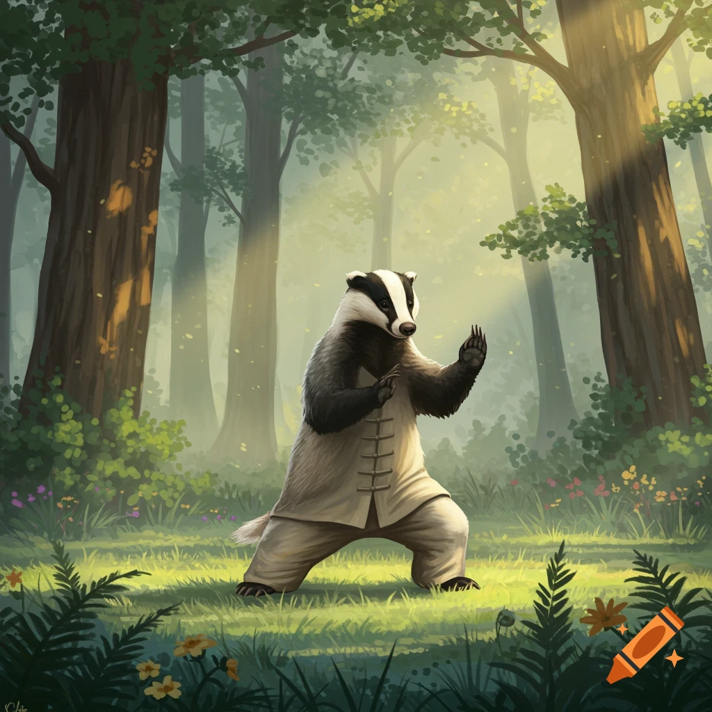 A Eurasian badger in a white tai chi uniform practices in a sunlit forest clearing.