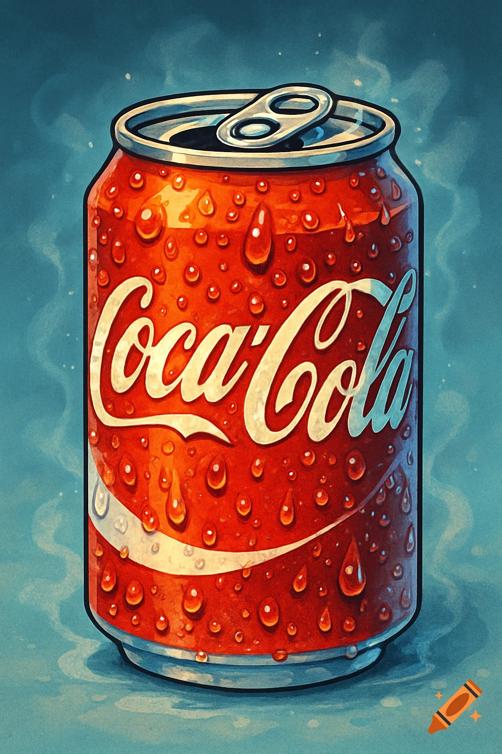 A cartoon-style close-up of a cold Coca-Cola can covered in condensation and water droplets, with a blue background.