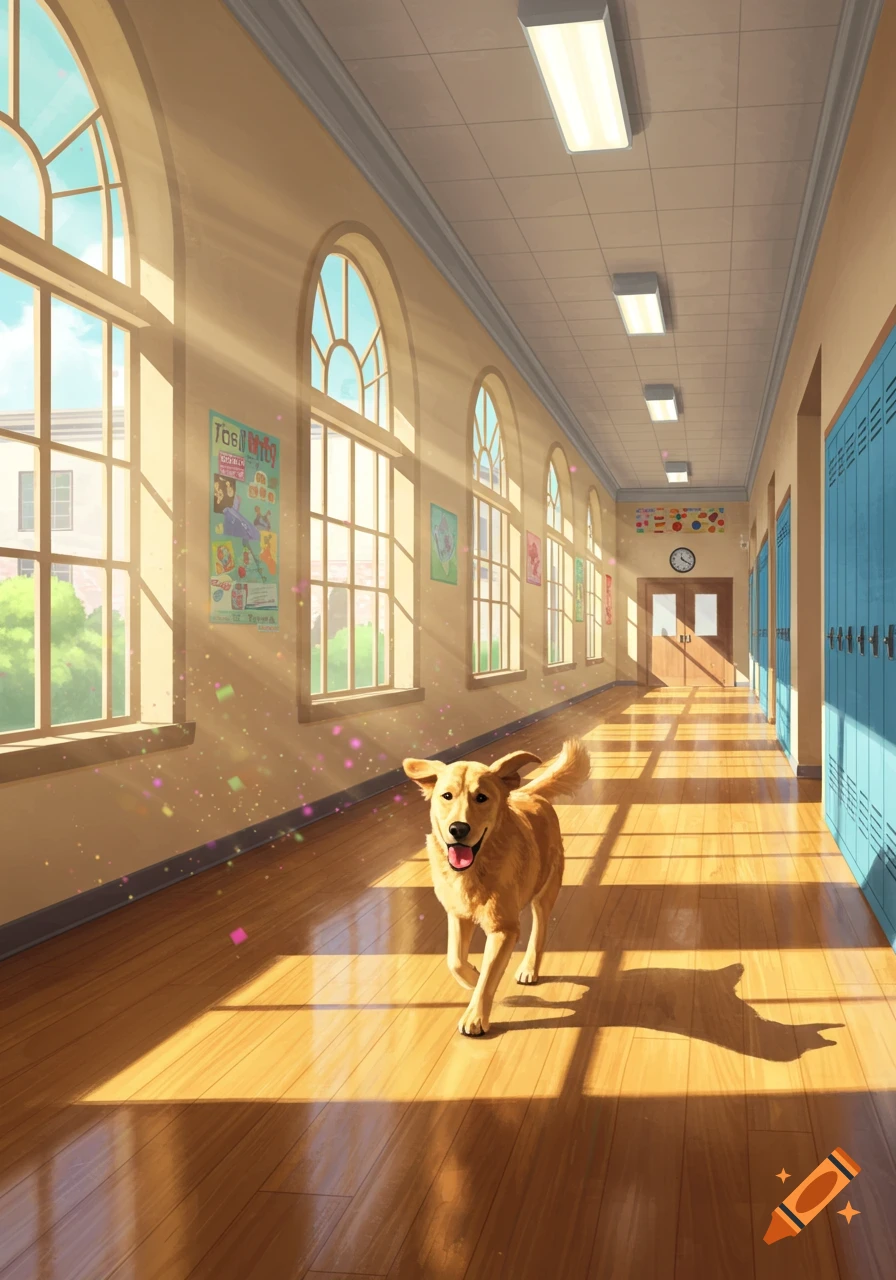 An illustrated happy golden retriever runs down a sunlit school hallway with large arched windows and blue lockers.