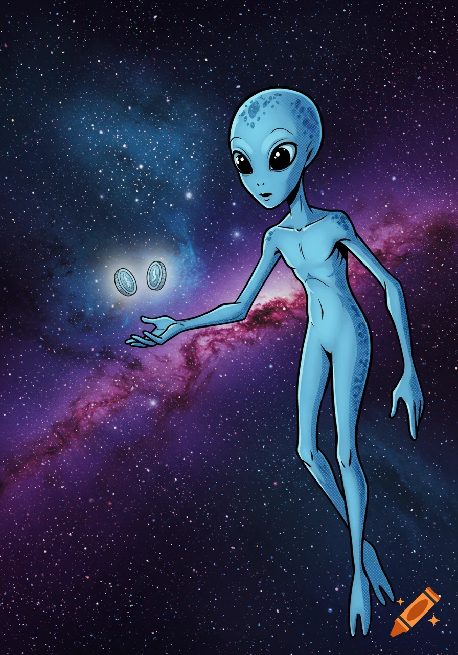 A blue alien in comic style floats in space, holding two glowing coins in its outstretched hand against a galaxy backdrop.