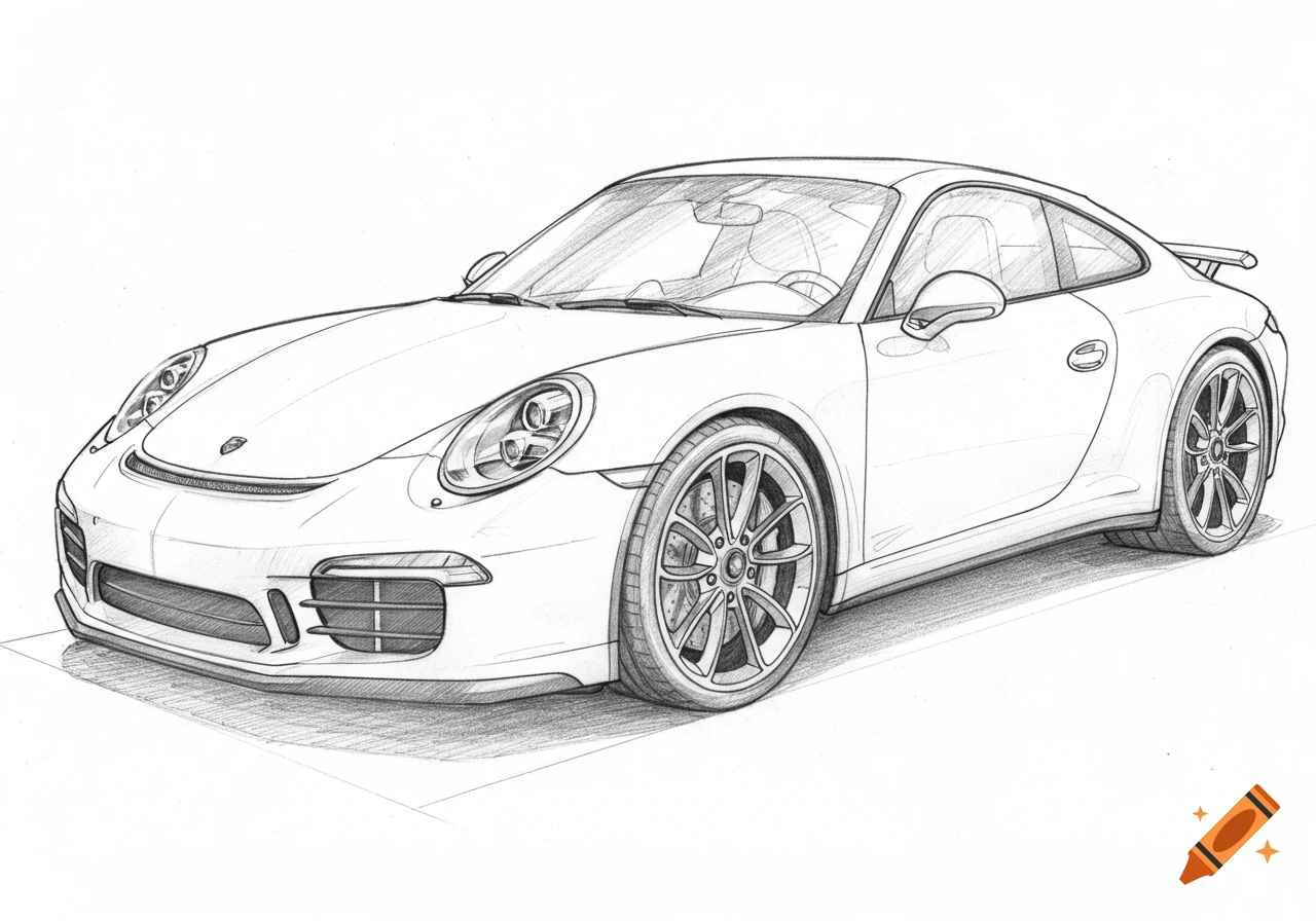 Detailed pencil sketch of a white Porsche 911 GT3 sports car from a front three-quarter view.