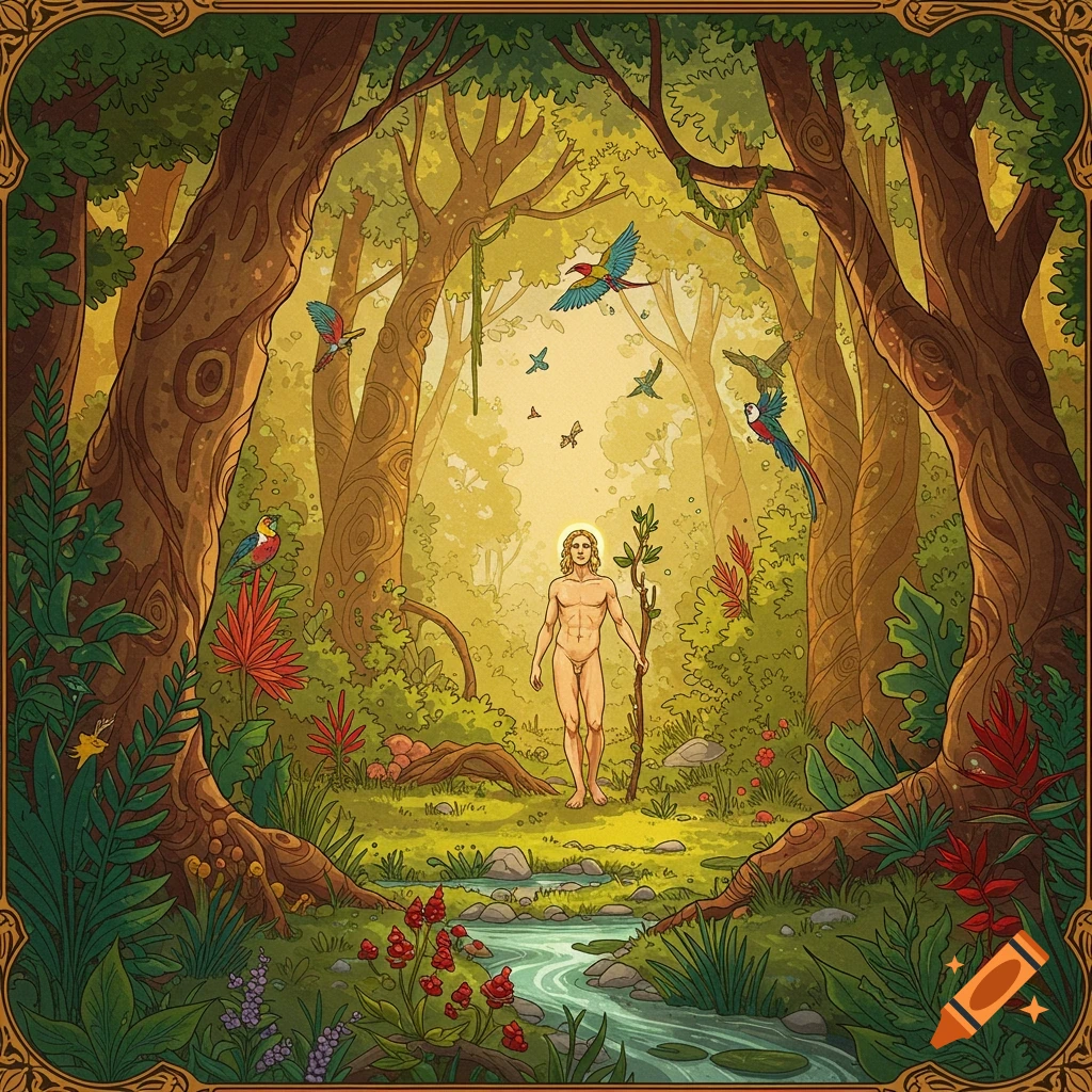 Illustrated scene of a nude Adam with a staff in a lush, colorful Garden of Eden forest with birds and a stream.