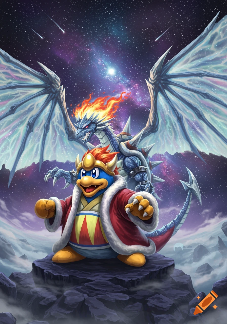 King Dedede, fused with a dragon featuring Bowser-like spikes, stands on a rock against a vibrant cosmic sky with meteors.