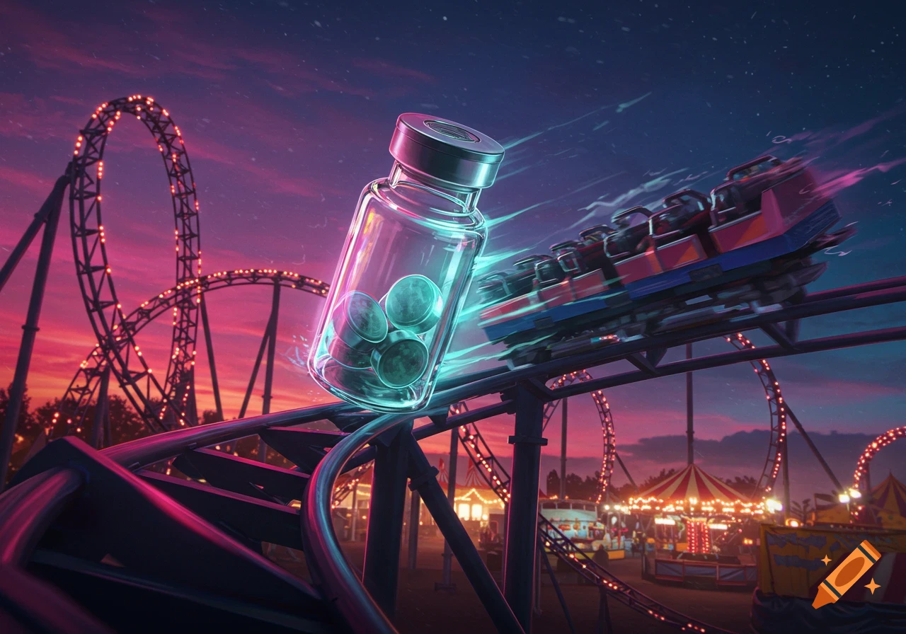 A glass drug vial, glowing with teal light, rides a rollercoaster through a vibrant, pink and blue sunset amusement park.