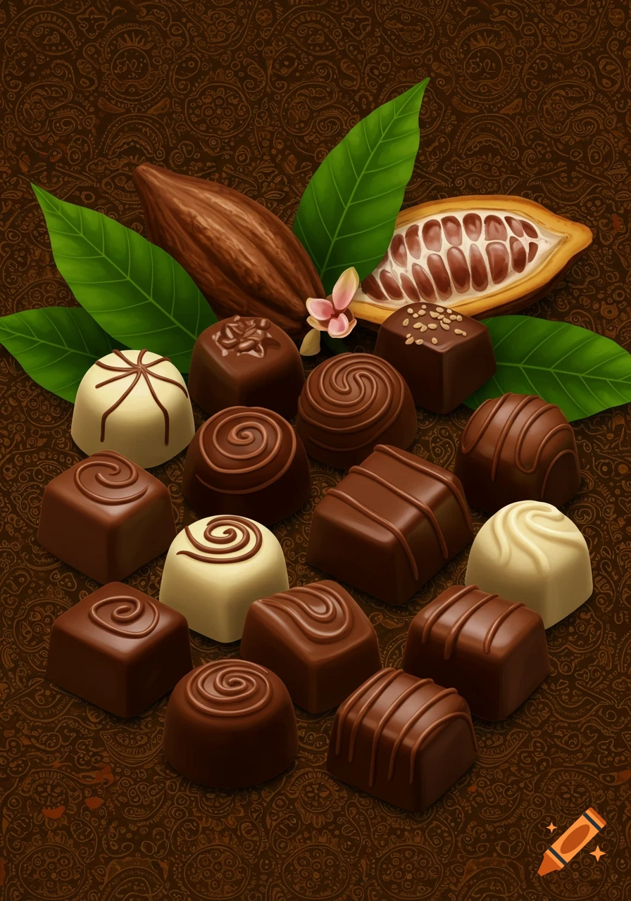 Various chocolate bonbons with a cocoa pod and leaves on a brown patterned background.
