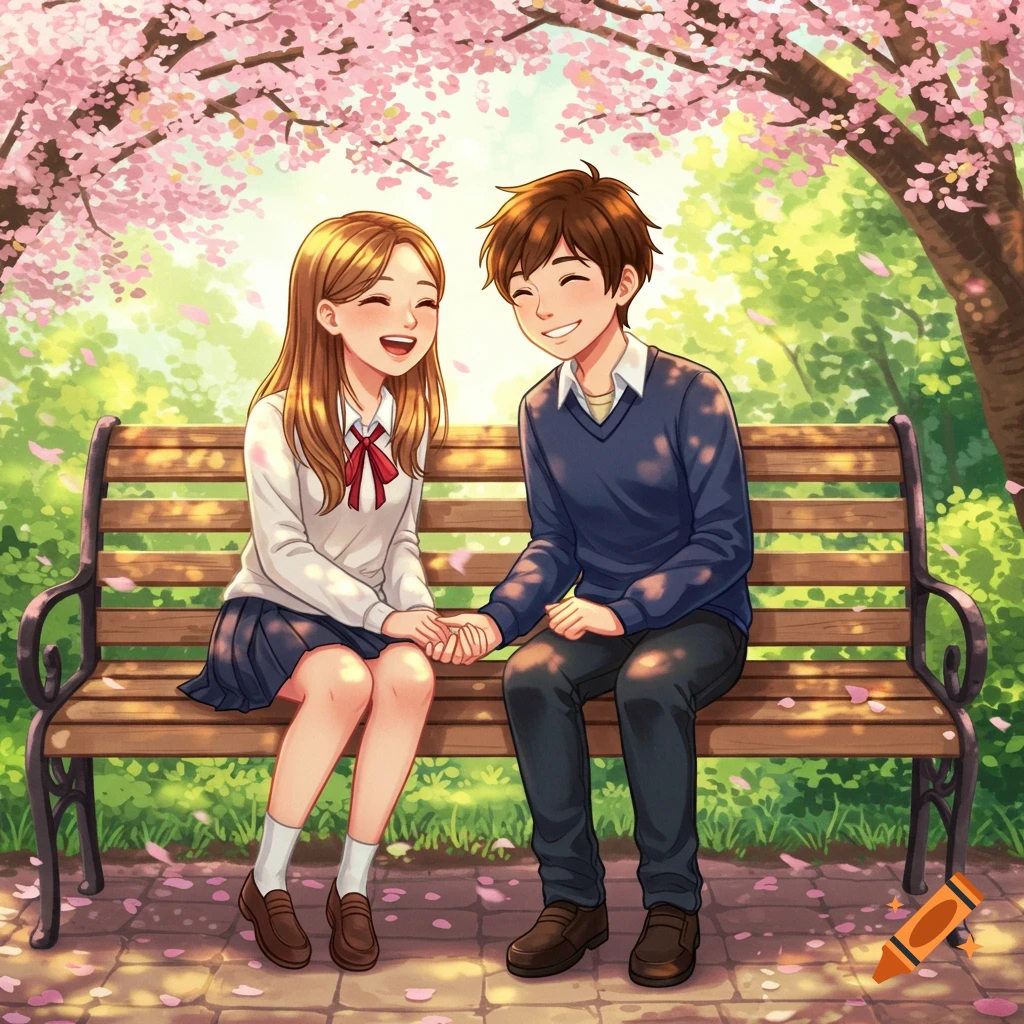 A cute anime-style teen couple happily holding hands on a park bench under blooming cherry blossoms.