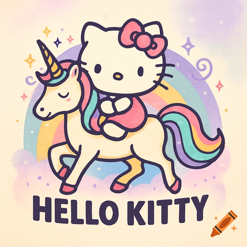 Cartoon logo of Hello Kitty riding a unicorn, with a rainbow, clouds, and stars in the background. Text reads 'HELLO KITTY'.