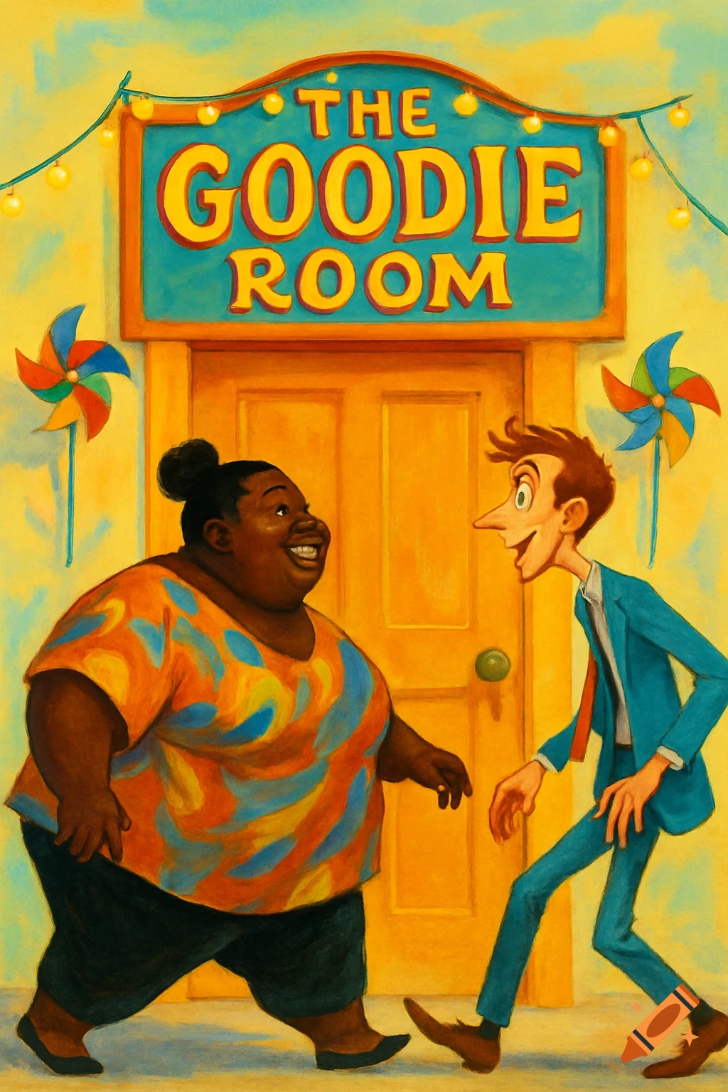 A vibrant cartoon illustration of an obese black woman and a skinny white man walking towards a door labeled 'THE GOODIE ROOM'.