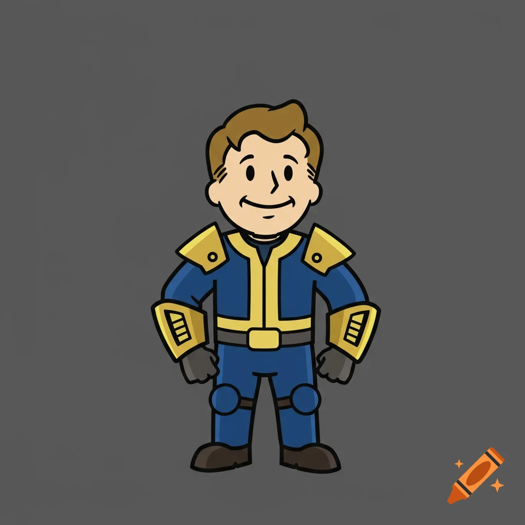 A cartoon character, Vault Boy from Fallout, stands in a blue and yellow Vault Dweller jumpsuit.