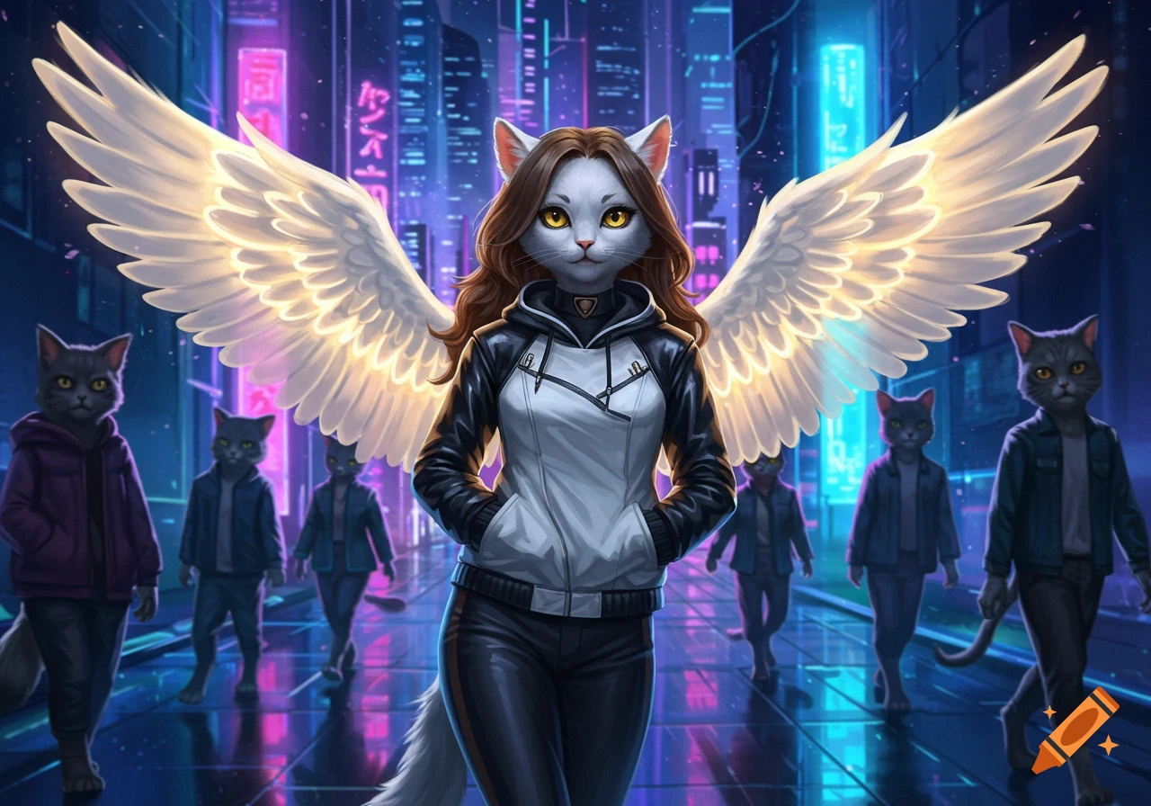 A white cat-like superhero character with angel wings and brown hair stands in a neon-lit cyberpunk city, with several grey cat people followers walking behind them.