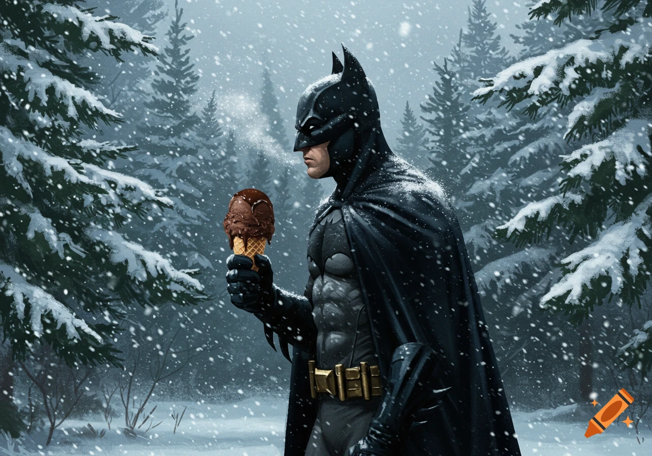 Batman in a snowy forest holds a melting chocolate ice cream cone, with snowflakes falling around him in a realistic digital art style.
