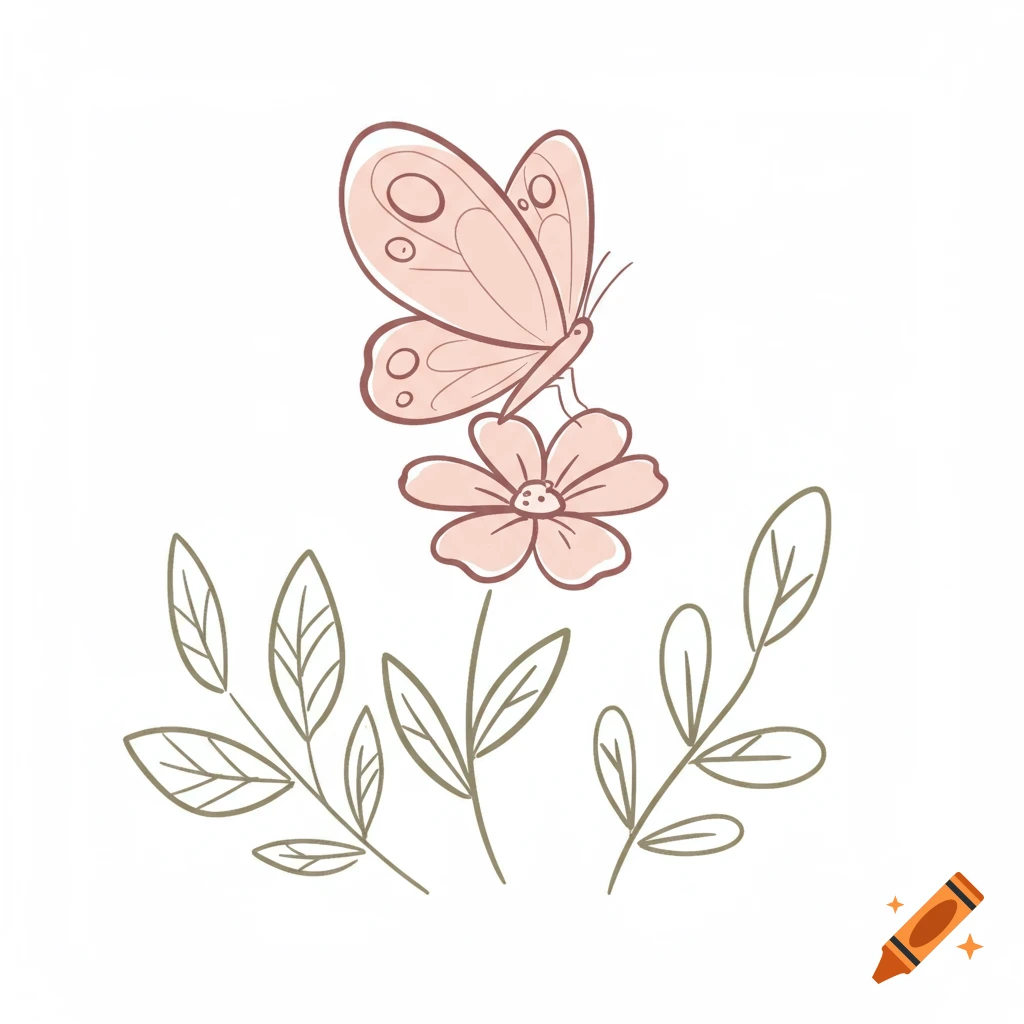 A simple doodle illustration of a light pink butterfly perched on a pink flower with green leaves on a white background.