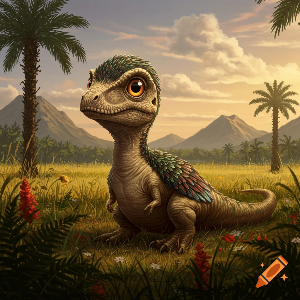 A cute baby dinosaur, appearing to be a T-Rex and ostrich hybrid with feathers, sits in a grassy prehistoric landscape at sunset.