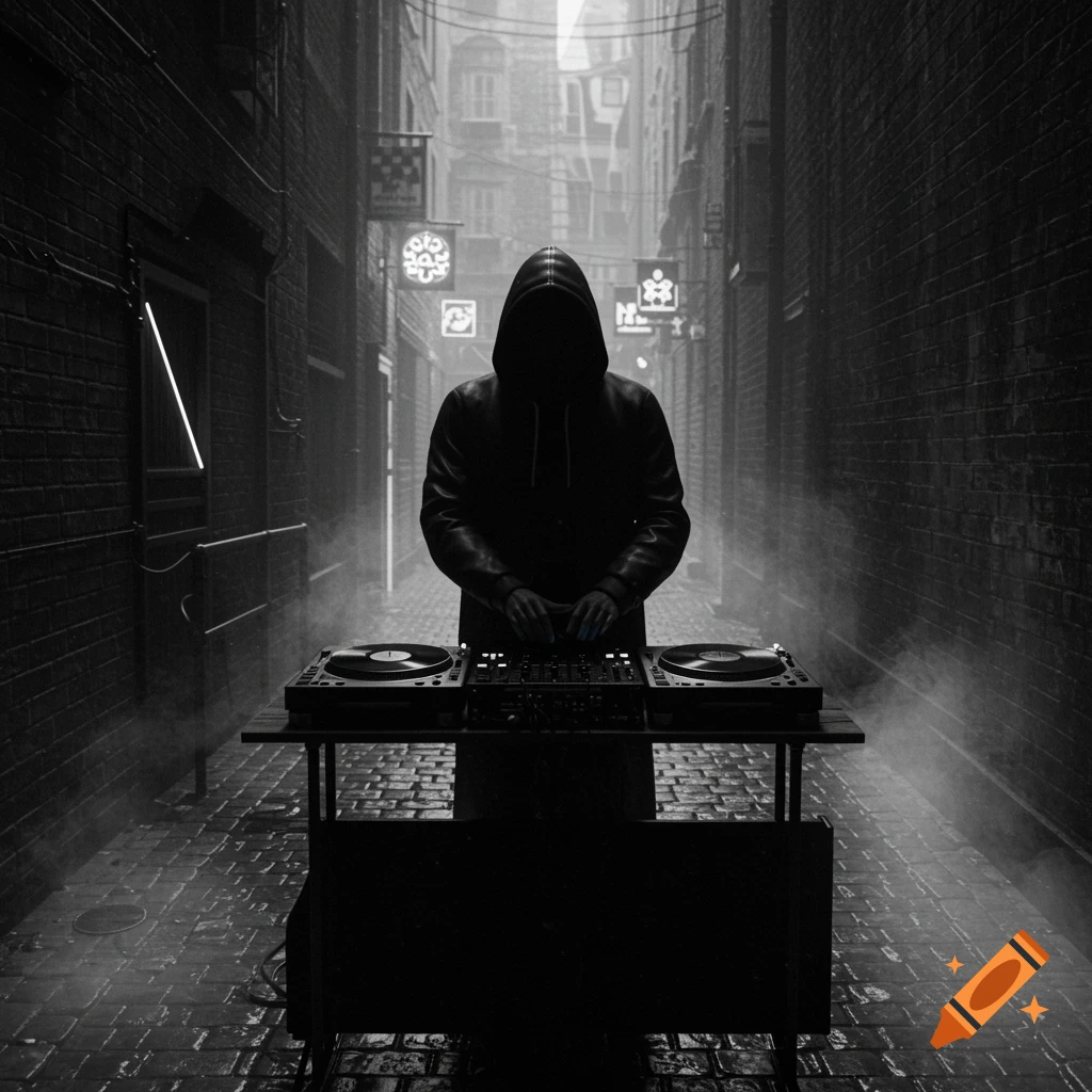 A hooded figure in a dark alley, silhouetted against background buildings, operating DJ turntables and a mixer.