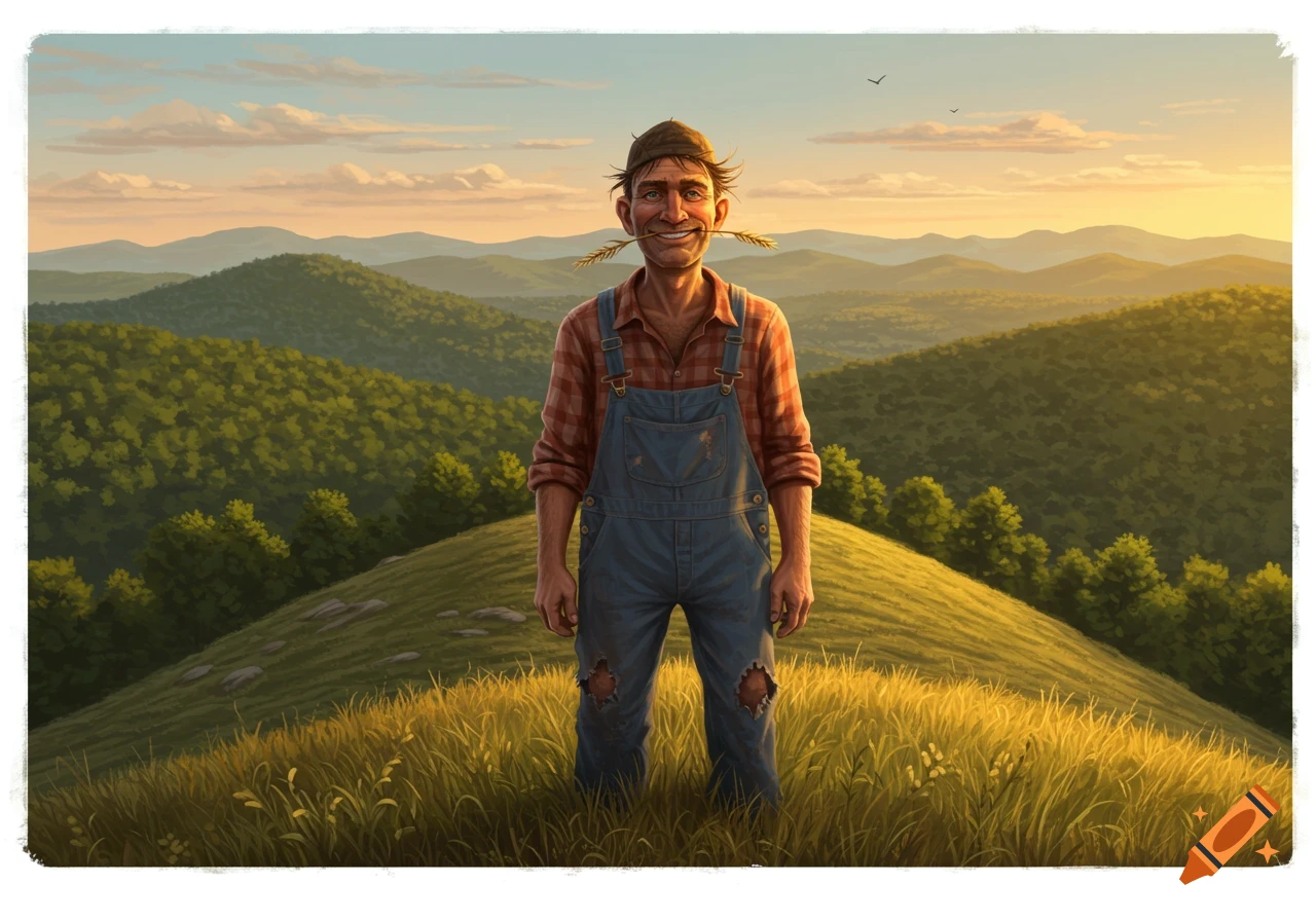 A smiling man with a straw hat and overalls holds a stalk of wheat in his mouth, standing in a grassy field with rolling mountains and a sunset sky.
