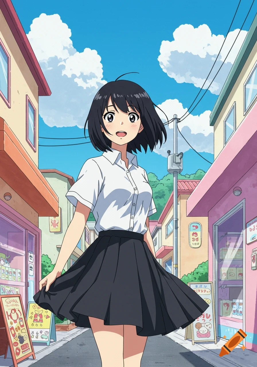 A short black-haired anime girl in a white shirt and black skirt stands smiling on a sunny street with colorful buildings.