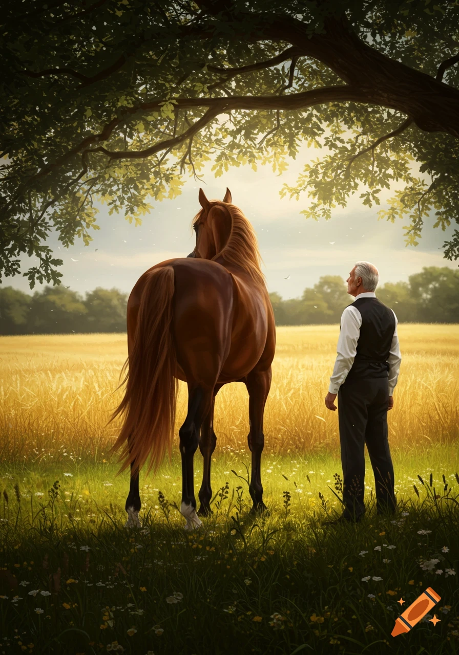 A man in a vest and trousers stands in a golden field looking at a brown horse from behind, under the shade of a large tree.