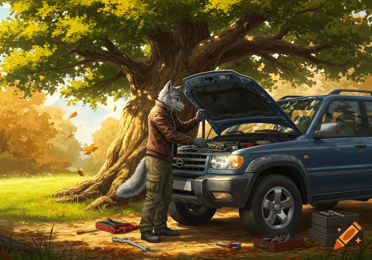 An anthropomorphic wolf in a brown jacket and green pants inspects the engine of a blue SUV under a large tree with autumn leaves.