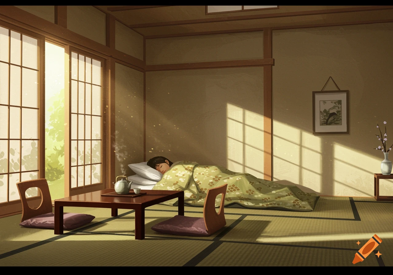 Anime illustration of a person sleeping on a futon in a sunlit, cozy Japanese bedroom with tatami floor and a low table.