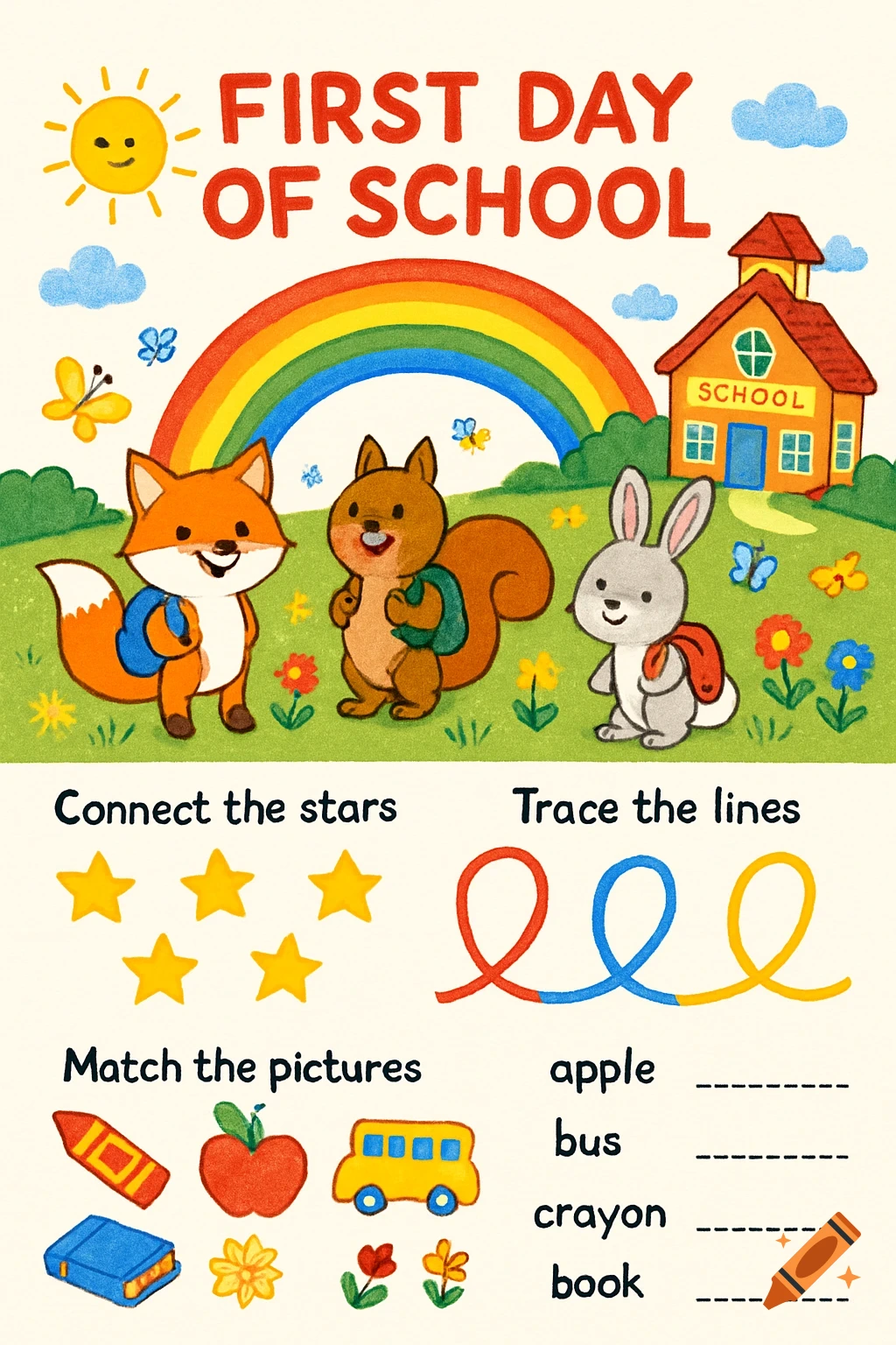 A cheerful children's worksheet for the first day of school, featuring cute animals with backpacks, a school building, a rainbow, and various learning activities including text, stars, and shapes.