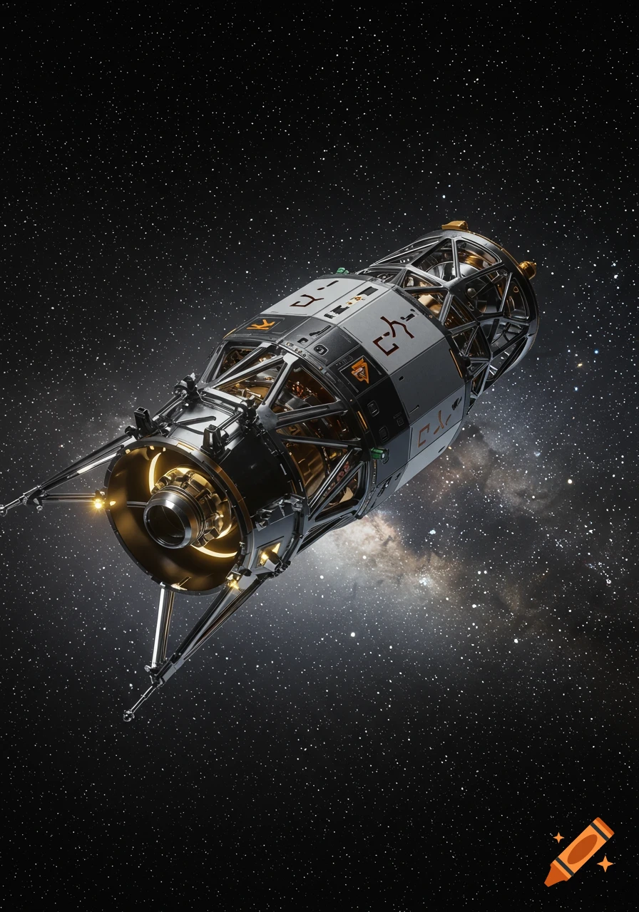 A detailed view of a futuristic spacecraft or satellite with glowing elements, set against a star-filled space background with a nebula.