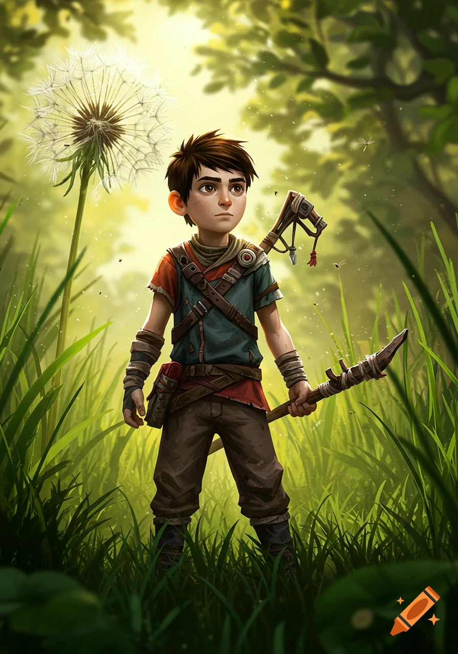 A young boy in adventure attire holds a rustic staff, standing in tall green grass next to a giant dandelion in a bright forest. Illustrated.