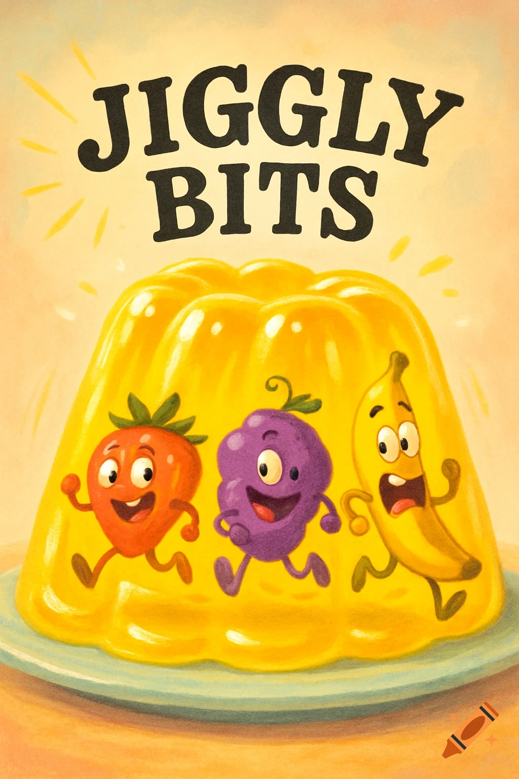 Colorful illustration of a yellow jello mold with smiling cartoon fruit characters running inside, and 'JIGGLY BITS' text above.