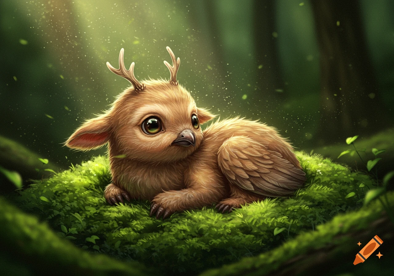 A cute, fluffy brown fantasy creature with tiny antlers, big eyes, and feathered wings lies nestled in bright green moss in a sunlit forest.