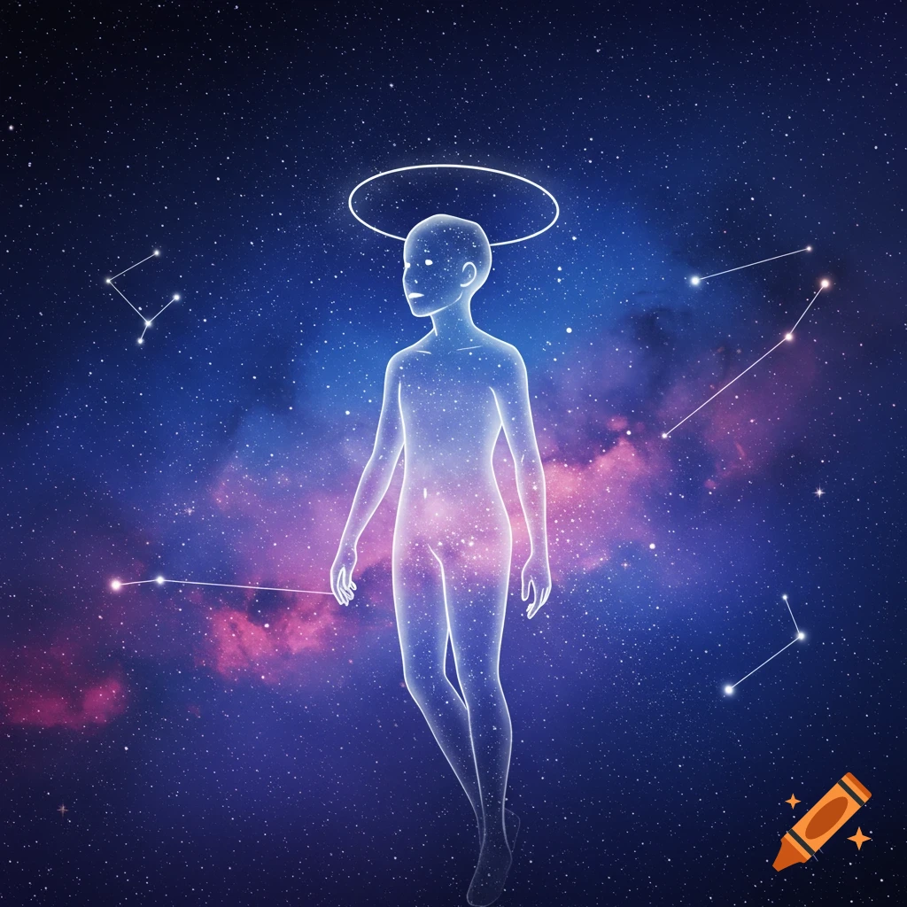 A glowing, ethereal figure with a halo stands in a vibrant galaxy with stars and constellations.