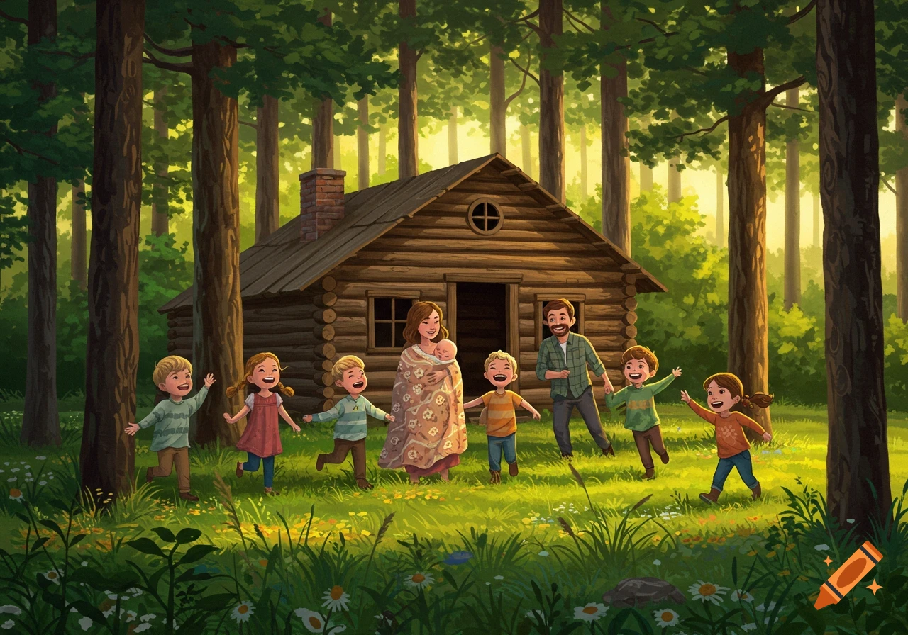 An illustrated scene of a happy family, including parents, a baby, and six children, playing outside a log cabin in a sunny forest.