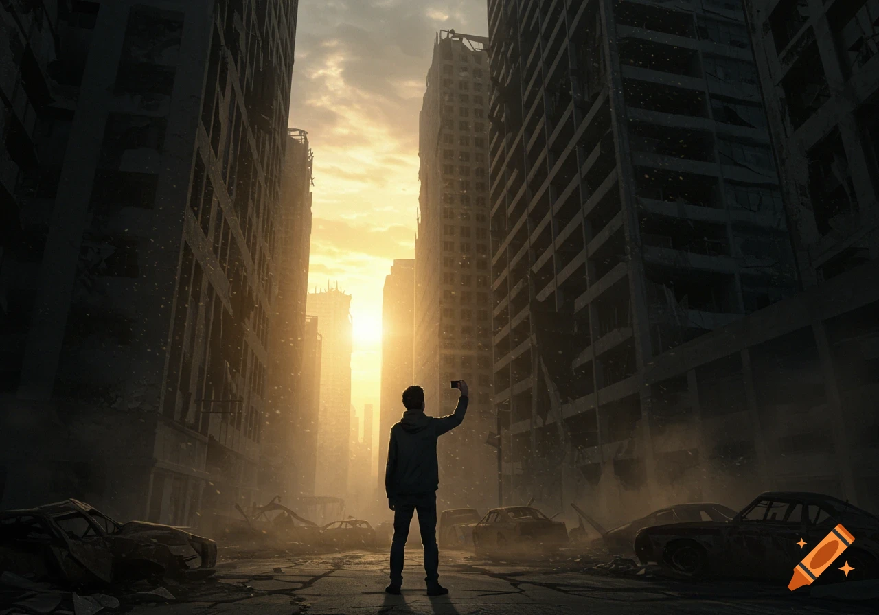 A solitary figure takes a selfie in the middle of a destroyed, deserted city at sunset, with ruined buildings and cars visible.
