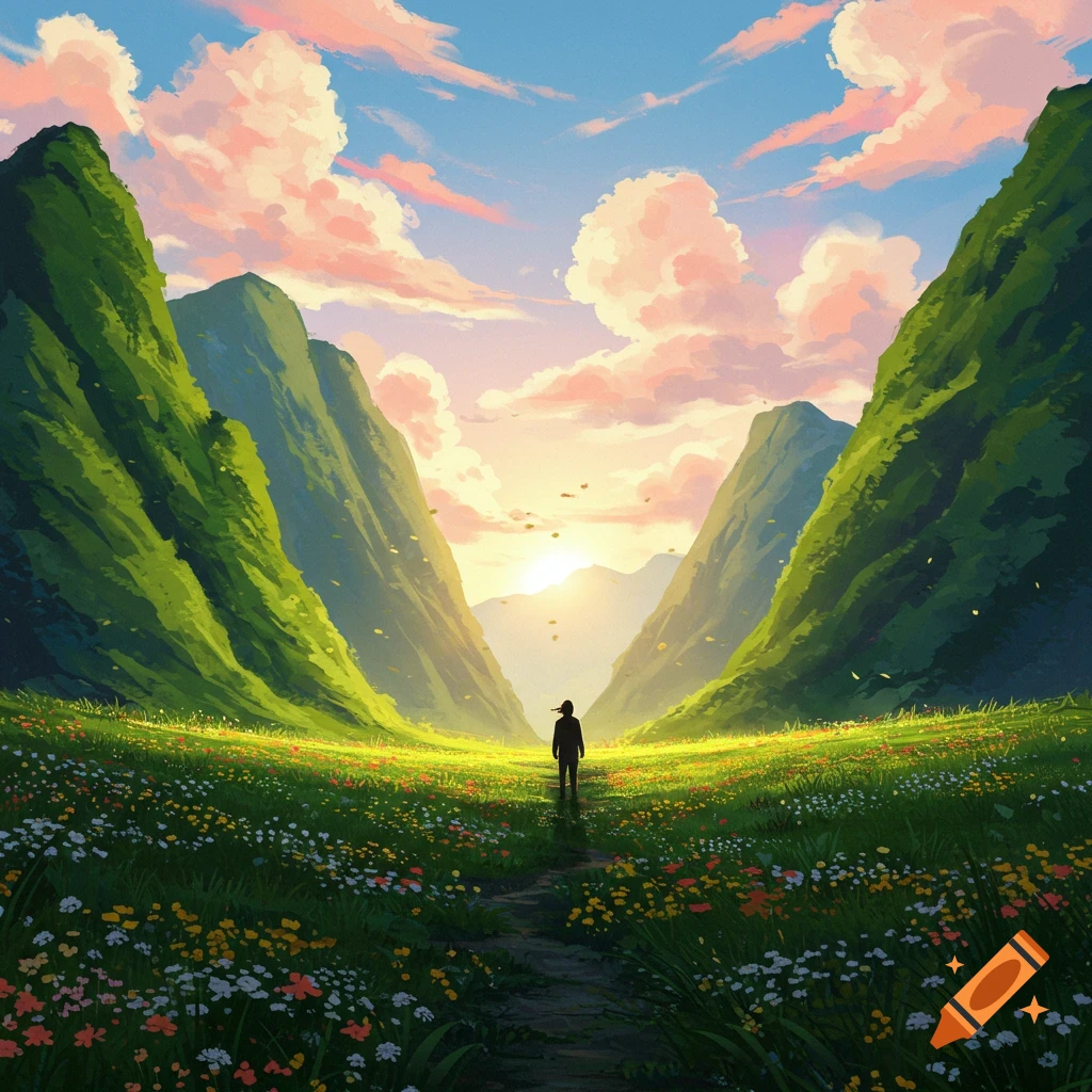 Stylized image of a person on a path in a vibrant valley of wildflowers, flanked by mountains under a sunset sky.