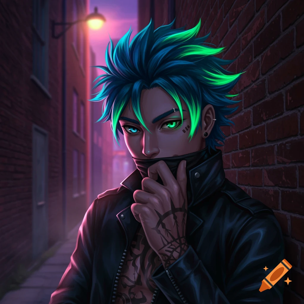 Anime-style character with glowing eyes, spiky blue and green hair, pulling down a black mask in a dark alley.