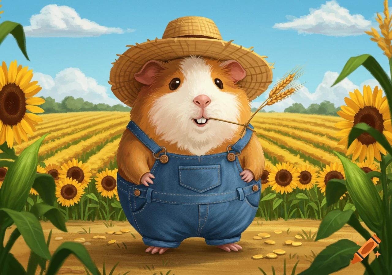 A cute cartoon fat guinea pig in denim overalls and a straw hat holds a wheat stalk in its mouth, standing in a sunny sunflower field.