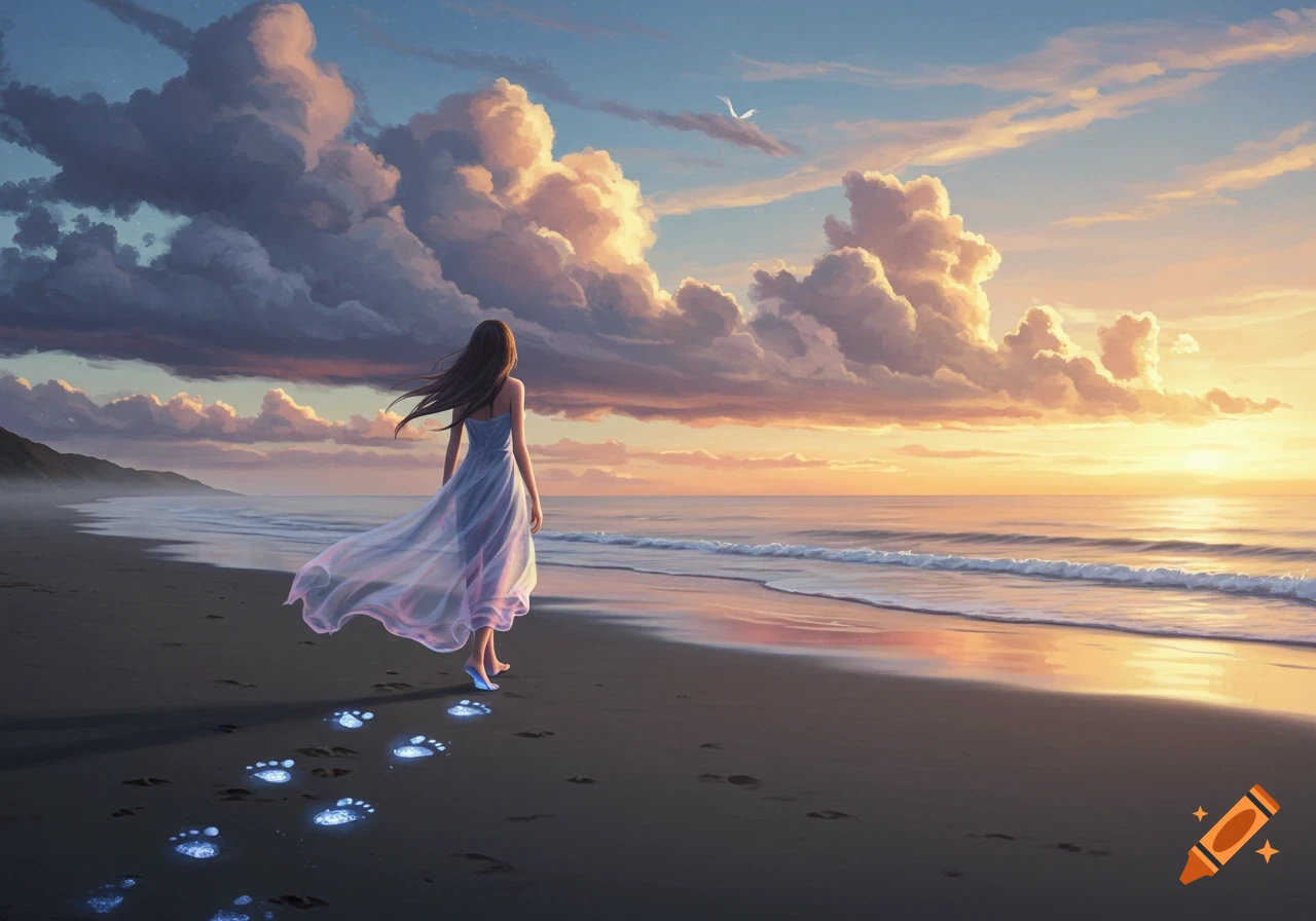 A woman in a flowing dress walks along a beach at sunset, leaving glowing blue footprints in the sand.