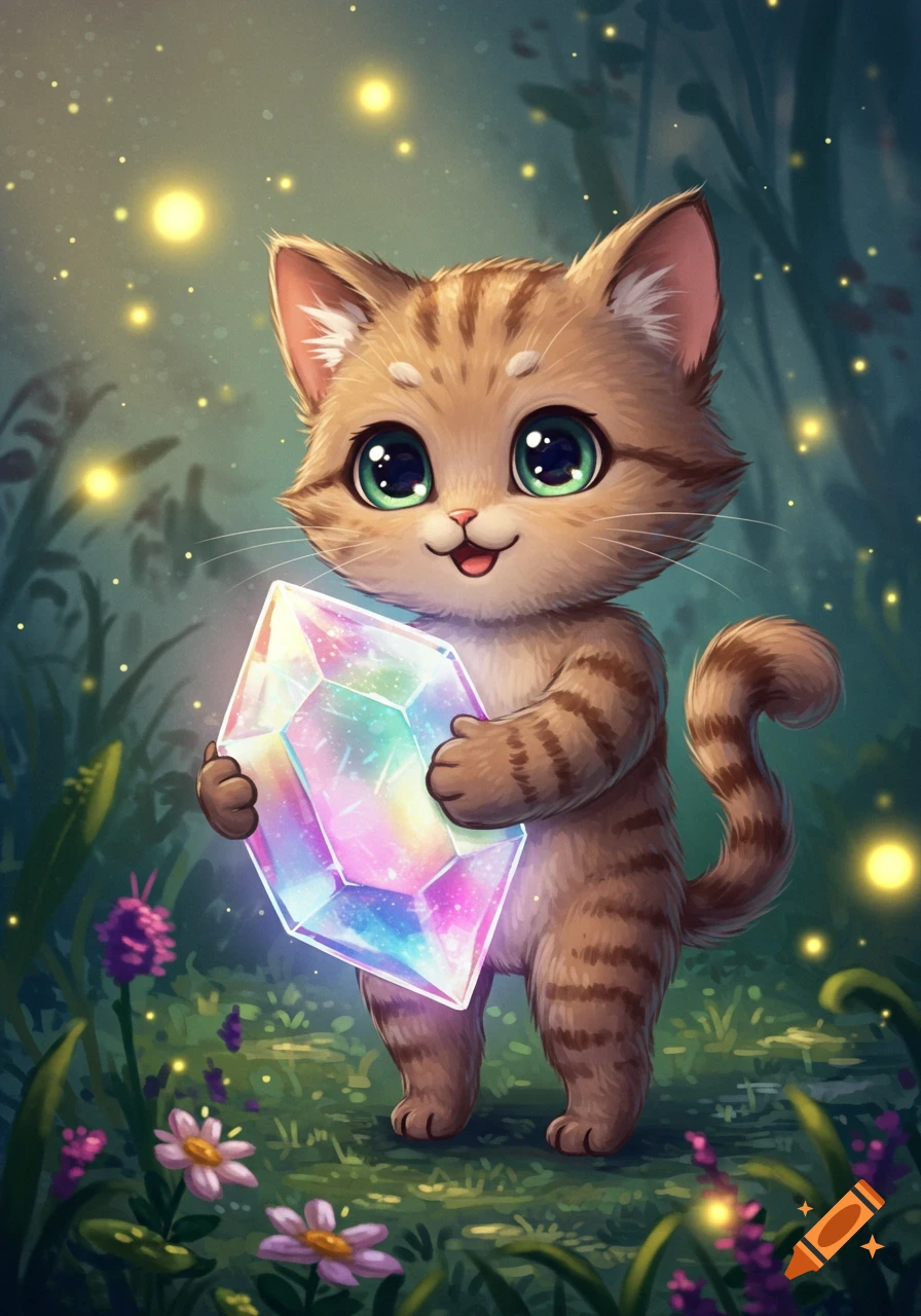 A cute, big-eyed tabby cat stands in a magical forest, holding a large, glowing, iridescent gemstone.