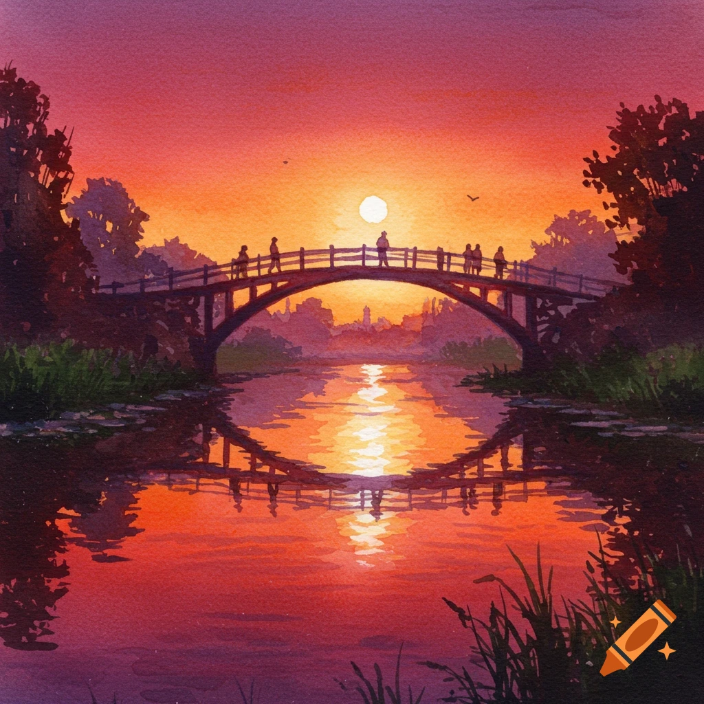Watercolor painting of people on a bridge over a river at sunset with vivid red and orange reflections.
