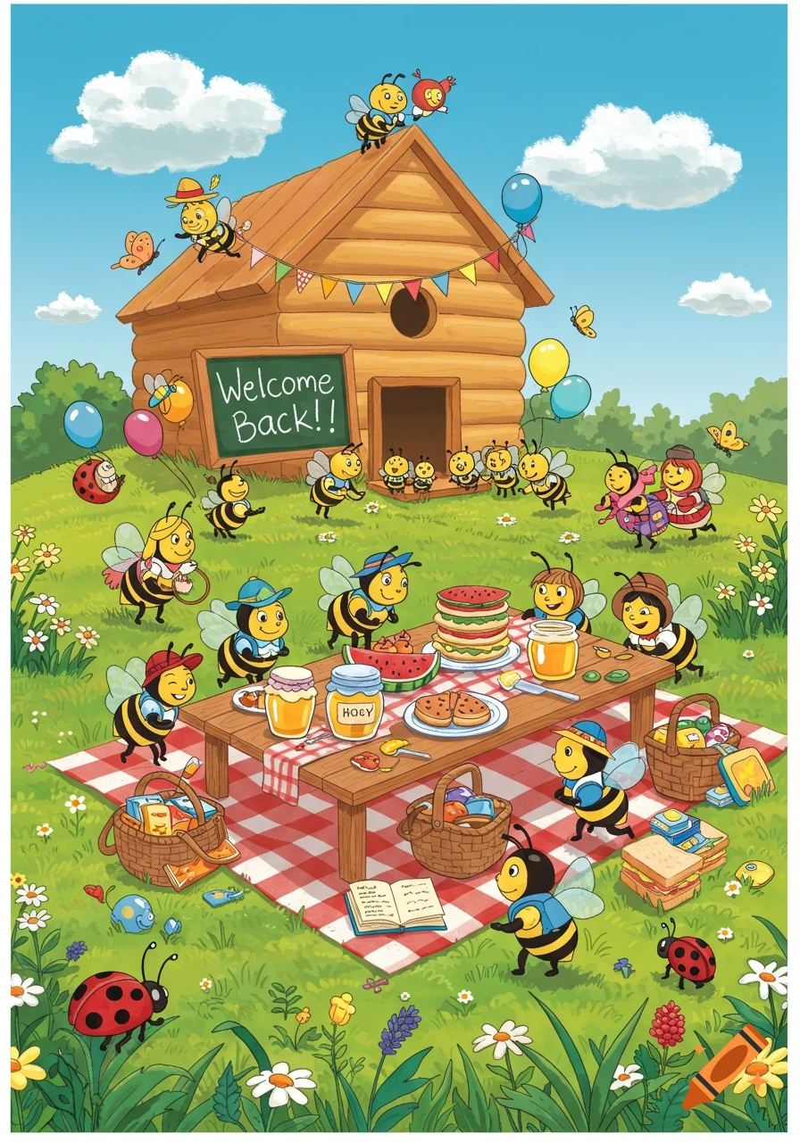 A vibrant cartoon scene of anthropomorphic bees having a picnic outside a beehive house with a 'Welcome Back!!' sign, celebrating back to school.