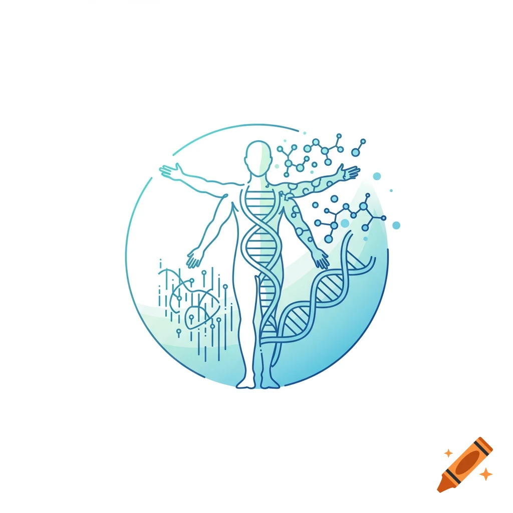 Abstract line art symbol of a human silhouette, DNA helix, and molecules in a blue-green circle.