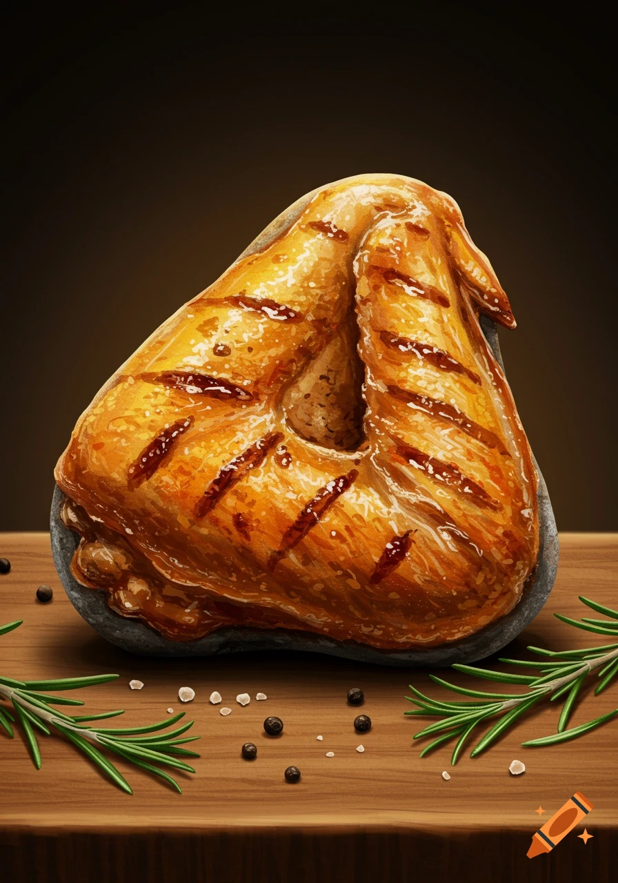 A realistic painting of a rock disguised as a grilled chicken wing on a wooden board with rosemary and spices.