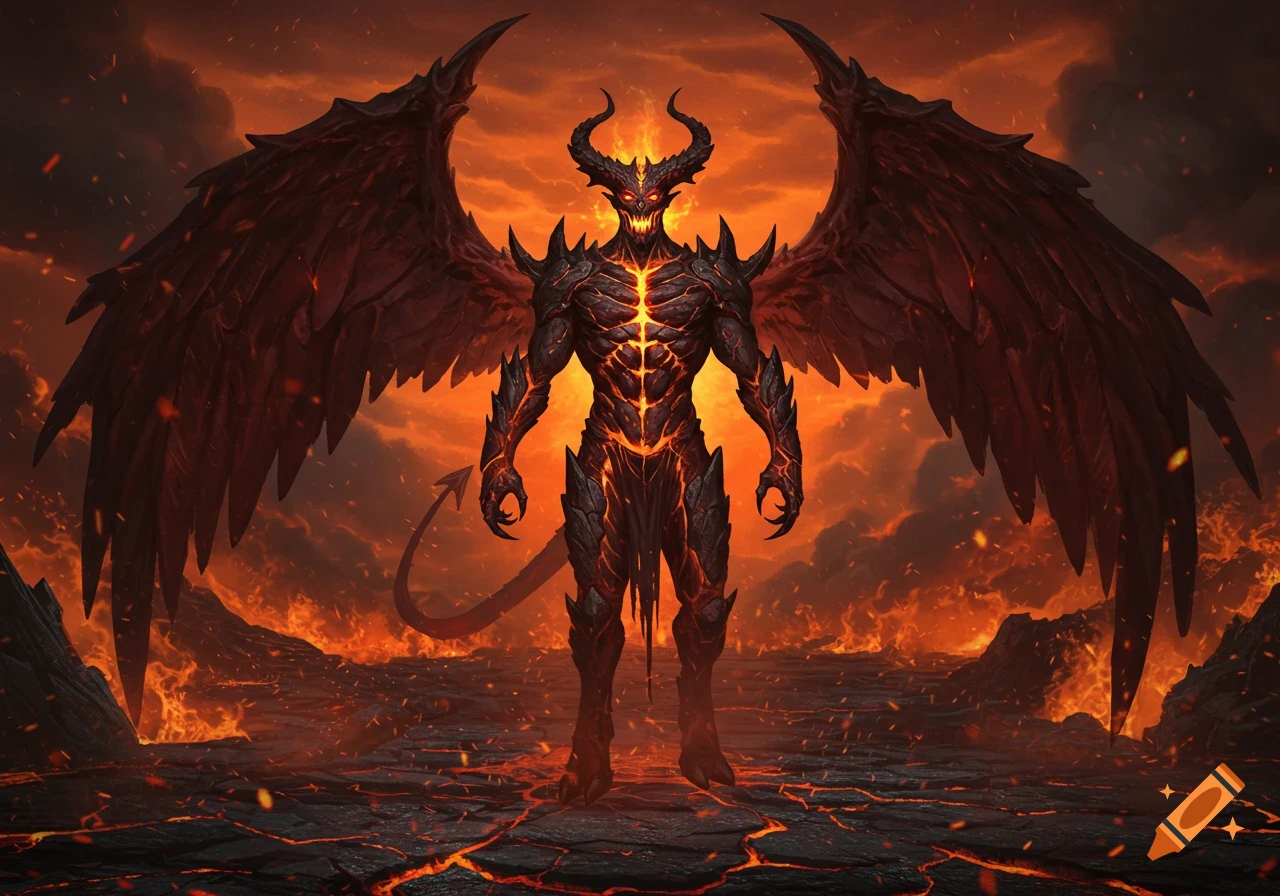 A horned, winged demon made of dark rock and glowing lava stands in a hellish landscape with fire and cracked earth.