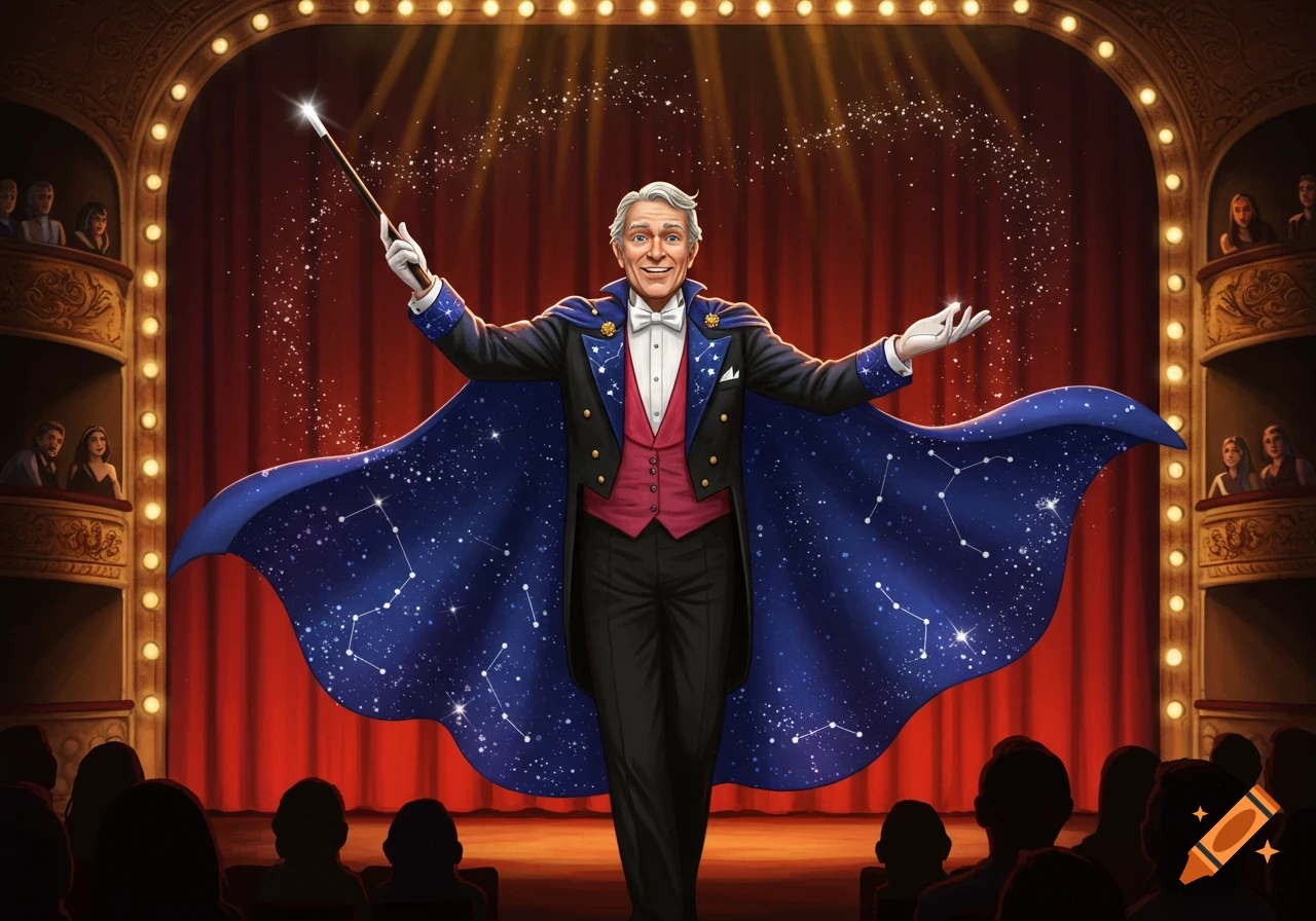 A male magician in a blue starry cape and tuxedo performs on a stage with a red curtain, holding a magic wand as sparks fly.
