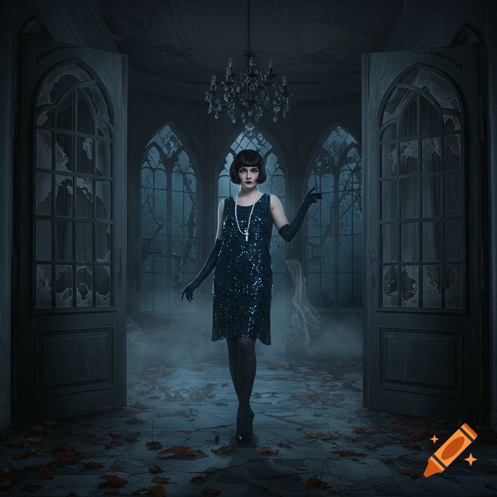 A photorealistic image of a flapper woman standing in a dark, abandoned gothic mansion with broken windows.