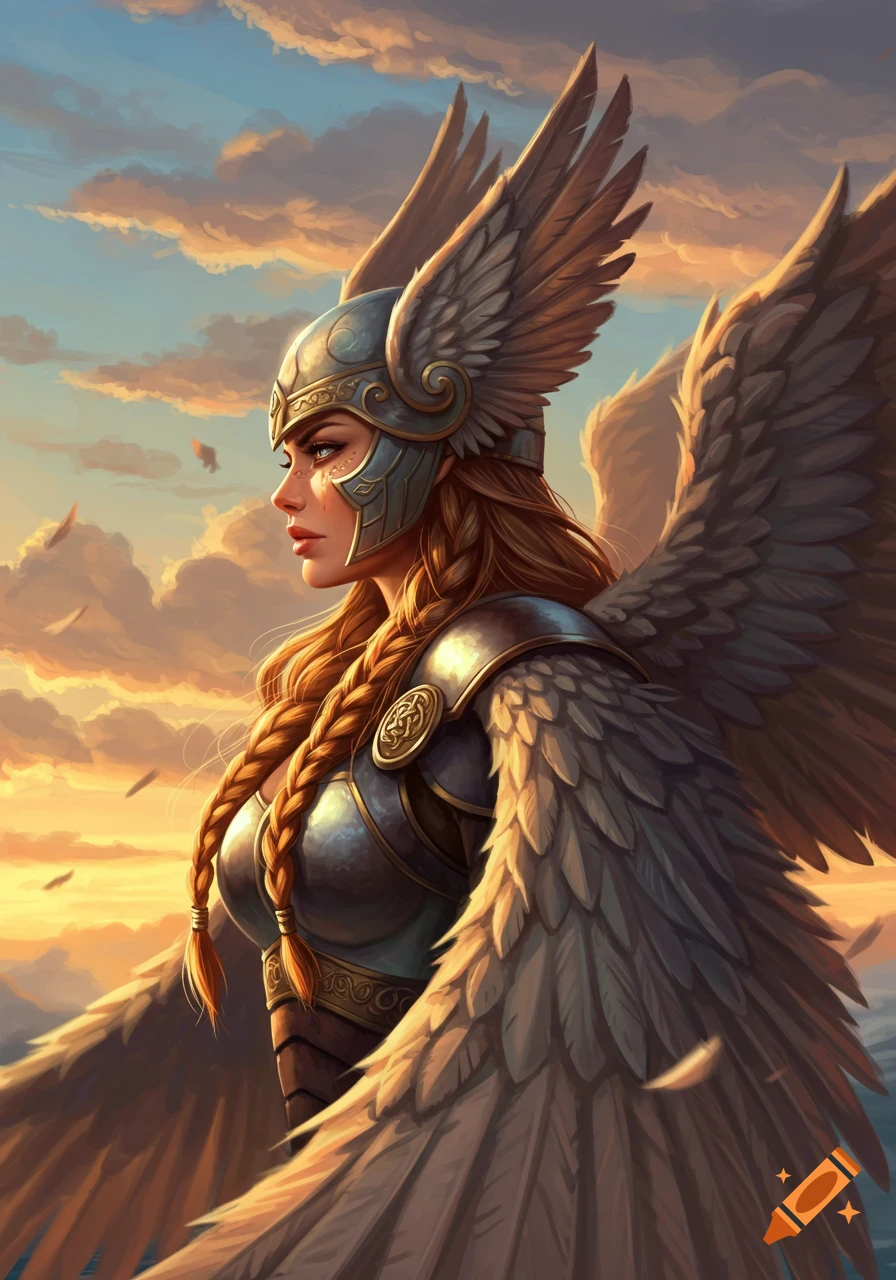 Digital painting of a beautiful Valkyrie with a winged helmet and braids, looking out against a sunset sky.