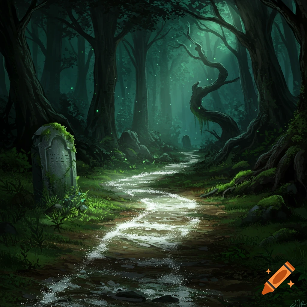 A dark, mystical forest path glows with a shimmering white trail leading from a moss-covered tombstone into the shadowy woods.